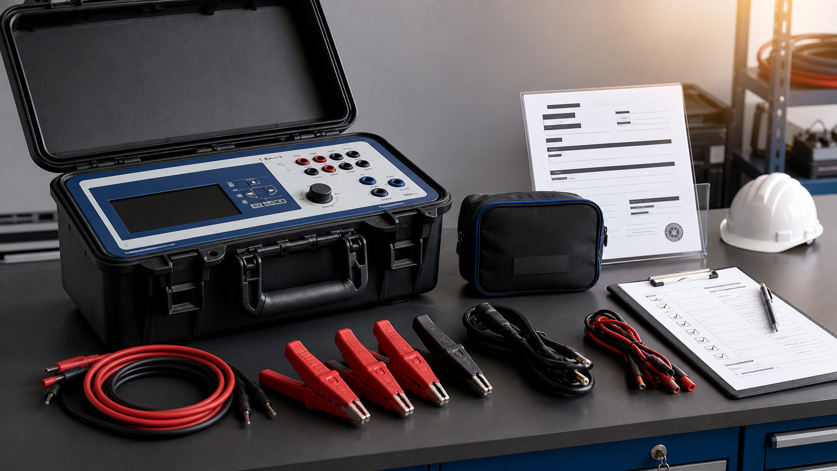 Electrical test equipment service kit prepared with leads, accessory checklist and calibration proof